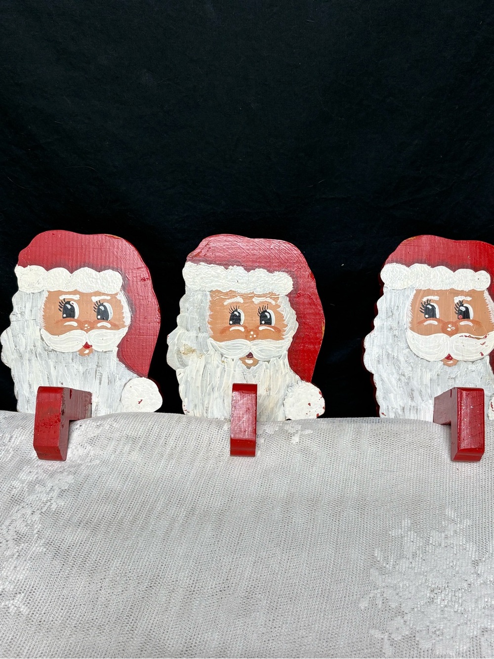 Vtg handmade wooden Christmas Santa stocking holders set of three mantle decor